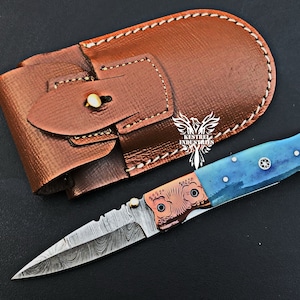 Custom Handmade Damascus Steel Folding Pocket Knife with Leather Sheath, Wedding Gift, Anniversary Gift, Mothers Day Gift, Gift for Him