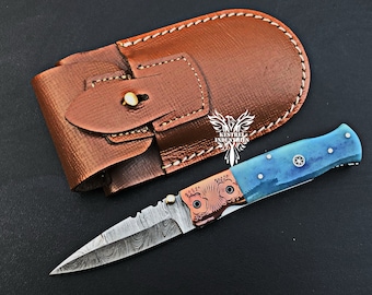 Custom Handmade Damascus Steel Folding Pocket Knife with Leather Sheath, Wedding Gift, Anniversary Gift, Mothers Day Gift, Gift for Him