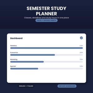 May include: A digital semester study planner dashboard for Excel and Google Sheets. The interface displays a list of subjects including Statistics, Economics, Marketing, and Spanish with corresponding progress bars and study hours in a white box.