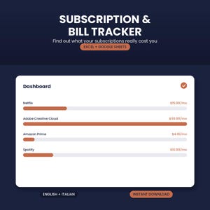 Può includere: Un modello di dashboard digitale per il monitoraggio di abbonamenti e bollette per Excel e Google Sheets. L'interfaccia mostra un elenco di servizi tra cui Netflix, Adobe Creative Cloud, Amazon Prime e Spotify con i relativi costi mensili e barre di avanzamento.