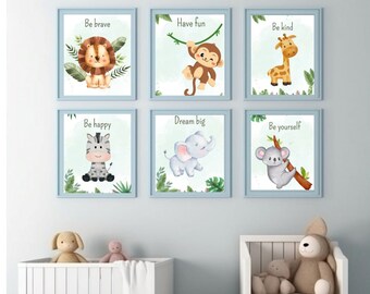Afdrukbare set van 7 Safari Animal Nursery kunstafdrukken aan de muur. Safari kinderkamer decor, digitale kinderkamer print, kunst aan de muur voor kinderen, babydieren om af te drukken