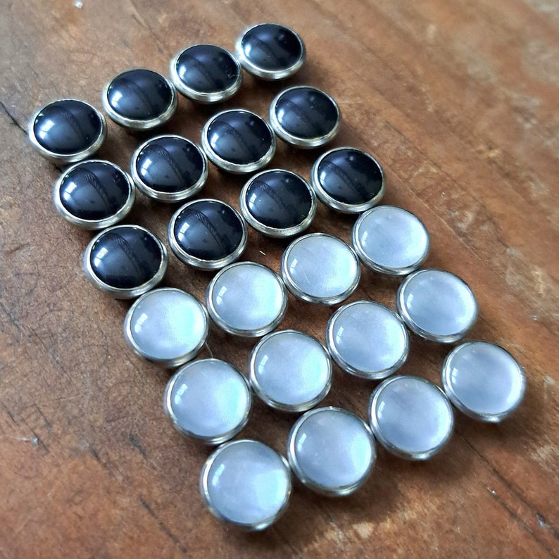 Mixed set of 24 Small petite Pearl Prong Snap Buttons 12 black and 12 white, 8.5 mm 5/16 Size 14, Pearl Snap Fasteners, Western Snaps image 1