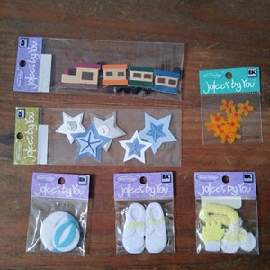 Jolee&#39;s by You scrapbook stickers: train, stars, flowers, beach ball, scarf and gloves, baby shoes | Jolee&#39;s boutique embellishments