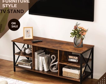 TV Stand | Modern TV Stand | Wood TV Stand for 55 Inch, with 6 Storage Shelves for Living Room