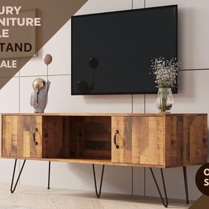 Modern TV Stand, Table with 2 Doors and Large Open Space, Rustic Tv Stand for Living Room