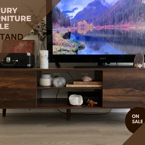 TV Stand, Mid-Century Modern TV Stand for 55 inch TV, Media Console, Entertainment Center with Storage, Retro Brown