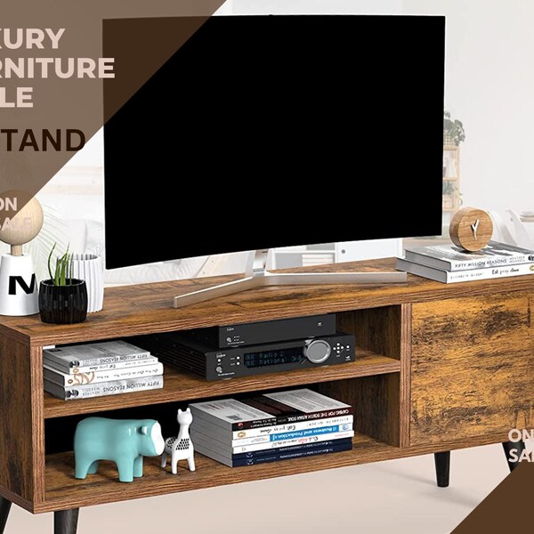 TV Stand, Mid-Century Modern TV Stand & Entertainment Center with Shelf, for TVs up to 55 in, Wood TV Console Table for Living Room Bedroom