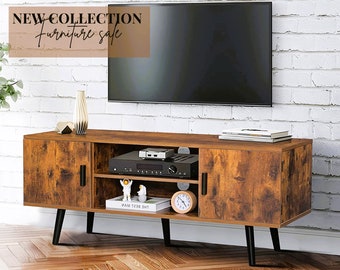 Mid-Century Modern TV Stand, TV Console with 2 Storage Cabinet and Shelves, TV Stand for Living Room or Bedroom