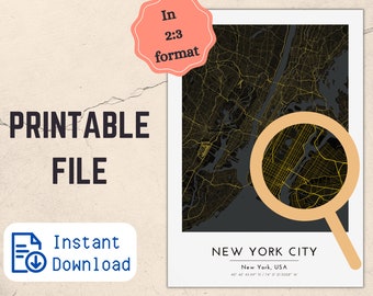 NYC New York City Map Poster en noir et or | Fichier imprimable au format 2:3 | Design d'art mural minimaliste | Téléchargement numérique / téléchargeable