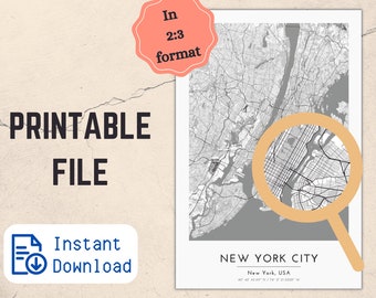 NYC New York City Map Poster en noir et blanc | Fichier imprimable au format 2:3 | Design d'art mural minimaliste | Téléchargement numérique / téléchargeable