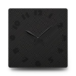 May include: Black square clock with black hands and a black and gray geometric pattern.