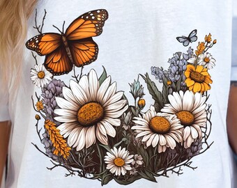 Daisy Flower Shirt Monarch Shirt Butterfly Shirt floral shirt summer shirt Cottagecore shirt T-shirt for her Wildflower Shirt gift for her