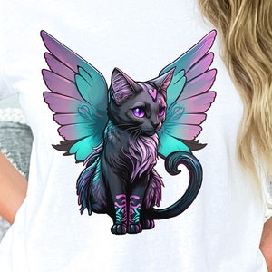 Galaxy Fairy Feline Cat Lover Fantasy Fairycore Gift for Her Gift for teen girl neon purple blue pink shirt graphic tee tshirt angel cat