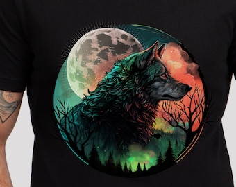 Wolf Shirt Wolf Moon Shirt woodlands Gift for Him wolf shirt for men outdoor shirt Gift husband gift for boyfriend celestial moon shirt