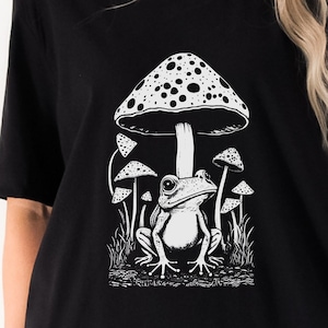 Mushroom Frog Block Print Style Shirt Linocut Shirt Nature Woodland Cotttagecore Bohemian Scandinavian Folk Art Gift for Her graphic tee