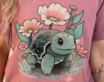 Camiseta con estampado floral de tortuga, estilo cottagecore, goblincore, fairycore, camiseta de tortuga