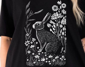 Floral Rabbit Block Print Style Shirt Linocut Shirt Nature Woodland Cotttagecore Bohemian Scandinavian Folk Art Gift for Her graphic tee