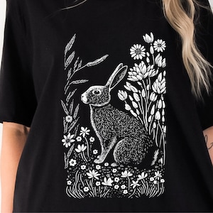 Floral Rabbit Block Print Style Shirt Linocut Shirt Nature Woodland Cotttagecore Bohemian Scandinavian Folk Art Gift for Her graphic tee