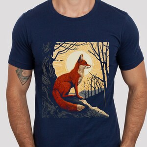 Block Print Style Sunrise Fox Shirt Fox Lover Shirt Linocut Fox Shirt Wildlife Linocut Shirt Fox Gift Fox Cottagecore Wilderness Shirt