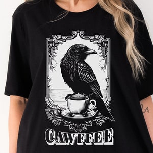 Cawffee Block Print Style Shirt Crow Shirt Linocut Shirt Coffee Shirt Coffee Lover Shirt Witchcore Gift for Her Gift for Him Crow Lover Gift