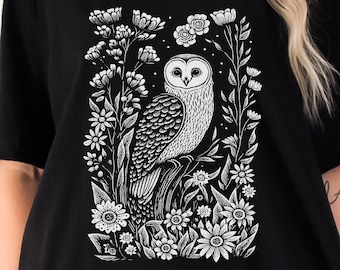 Barn Owl Block Print Style Shirt Linocut Shirt Nature Woodland Cotttagecore Bohemian Scandinavian Folk Art Gift for Her graphic tee