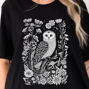 Barn Owl Block Print Style Shirt Linocut Shirt Nature Woodland Cotttagecore Bohemian Scandinavian Folk Art Gift for Her graphic tee