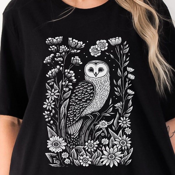 Barn Owl Block Print Style Shirt Linocut Shirt Nature Woodland Cotttagecore Bohemian Scandinavian Folk Art Gift for Her graphic tee