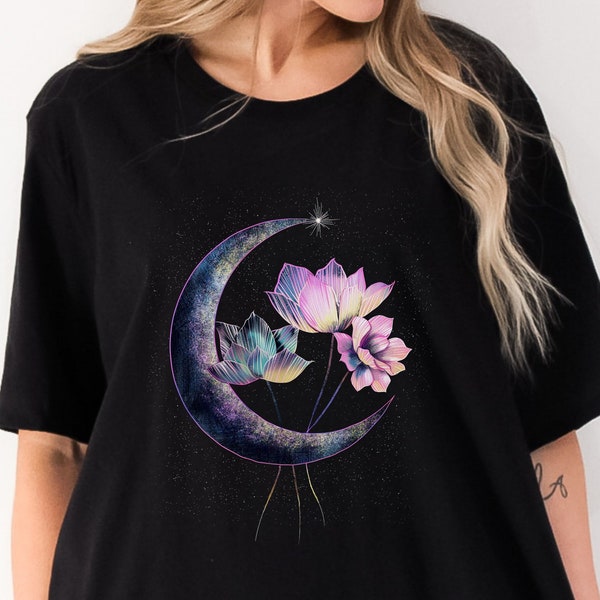 Lotus Moon Shirt Crescent Moon Shirt Yoga Shirt Boho Shirt Witchy Shirt Witchcore Gift for Her Lotus Flower Shirt Celestial Shirt Meditation