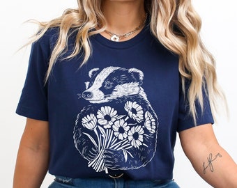 Badger Bouquet Block Print Style Shirt Badger Shirt Badger Lover Shirt Badger Gift Linocut Shirt Cottagecore Nature Shirt Gift for Her