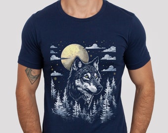 Woodland Wolf Block Print Estilo Camisa Lobo Camisa Lobo Amante Camisa Lobo Regalo Linograbado Camisa Cottagecore Naturaleza Camisa Regalo para su regalo para él