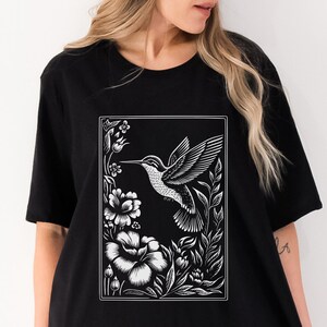Block Print Style Hummingbird Shirt Floral Shirt Hummingbird Shirt Wildlife Linocut Shirt Bird Watching Shirt Bird Shirt Bird lover tee