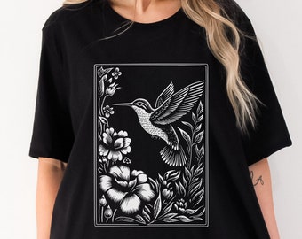 Block Print Style Hummingbird Shirt Floral Shirt Hummingbird Shirt Wildlife Linocut Shirt Bird Watching Shirt Bird Shirt Bird lover tee