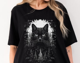 Camisa negra del gato del bosque Camisa del amante de los gatos Camisa del bosque Regalo del gato Camisa de bruja Camisa de bruja Regalo de bruja Academia oscura Gato Mamá Camisa de la naturaleza