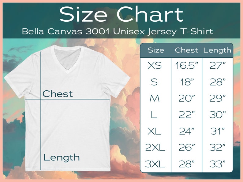 K&ouml;nnte beinhalten: Gr&ouml;&szlig;entabelle f&uuml;r ein Bella Canvas 3001 Unisex Jersey T-Shirt. Die Tabelle zeigt die Brust- und L&auml;ngenma&szlig;e in Zoll f&uuml;r die Gr&ouml;&szlig;en XS, S, M, L, XL, 2XL und 3XL.