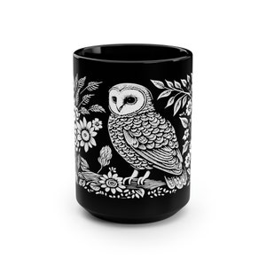 Barn Owl Block Print Style 15oz Mug Linocut Mug Nature Woodland Cotttagecore Bohemian Folk Art Gift for Her Coffee Mug Tea