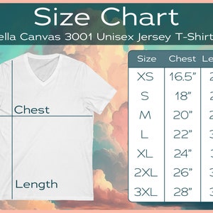 May include: Size chart for a Bella Canvas 3001 Unisex Jersey T-Shirt. The chart shows sizes XS through 3XL with corresponding chest and length measurements in inches.