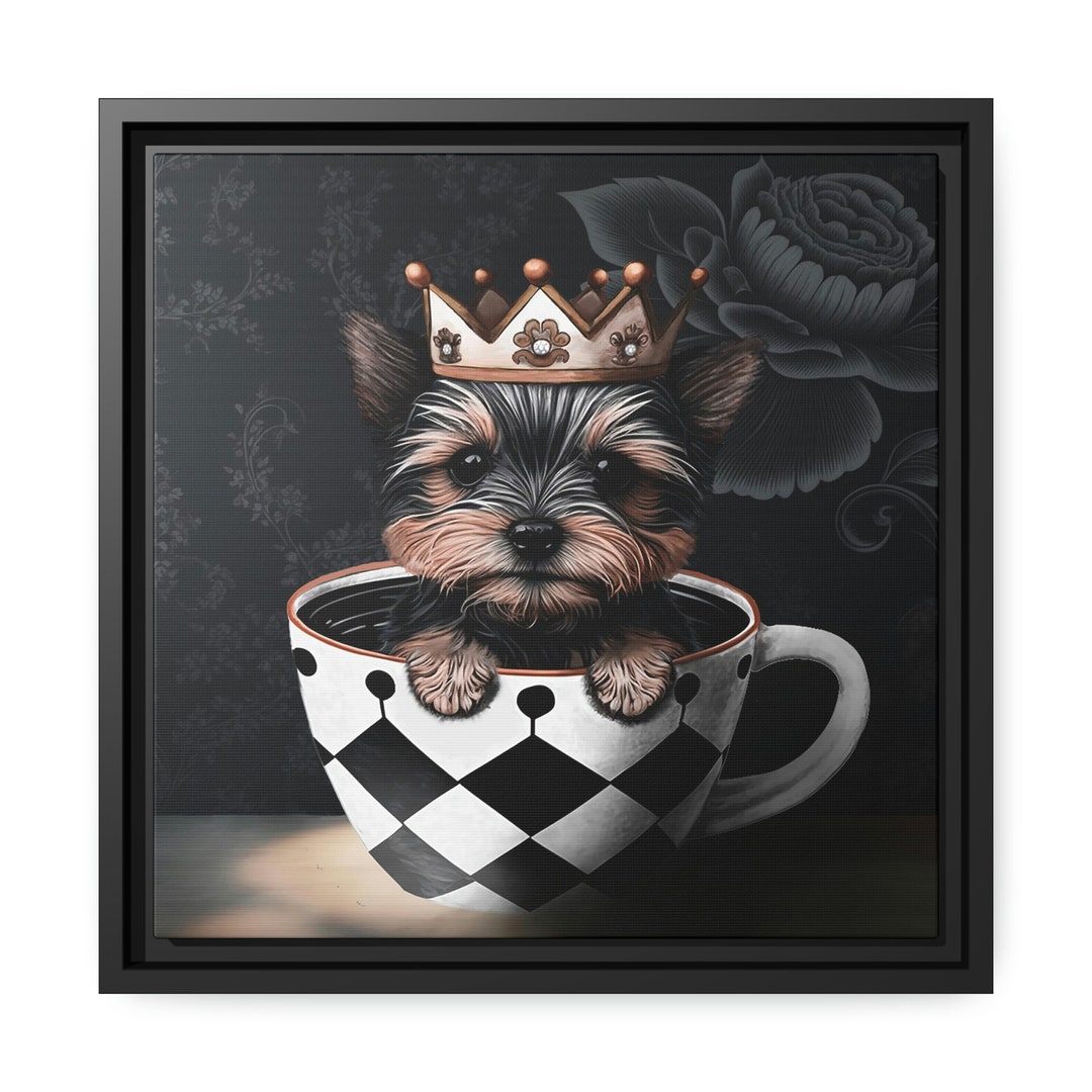 Yorkie Sitting in Teacup - Matte Canvas in Black Frame 14x14 Inch ...