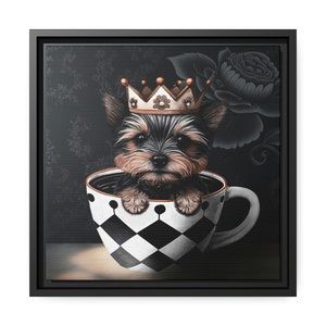 Yorkie sitting in Teacup - Matte Canvas in Black Frame 14x14 Inch Square