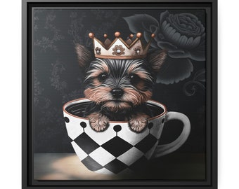 Yorkie sitting in Teacup - Matte Canvas in Black Frame 14x14 Inch Square
