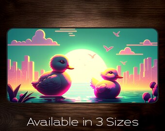 Retrowave Ducks Desk Mat Synthwave Futurista Colores Vibrantes Duck Lover Regalo Gamer Duck Desk mat Regalo Pato Mousepad Retro-wave Skyline Neon
