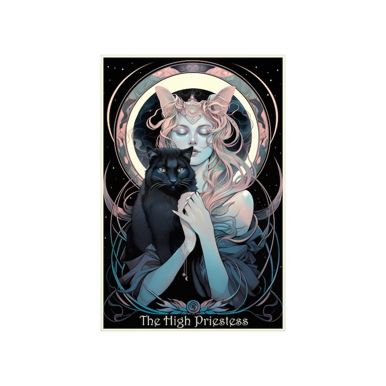 La carta del tarot de la suma sacerdotisa Póster vertical mate premium Póster de mamá gato Póster de amante de los gatos Póster de la carta del tarot Witchcore Dark Academia Póster imagen 1