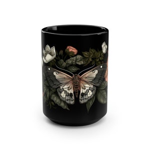 Dark Academia Moth 15oz Ceramic Mug Botanical Illustration Moth Mug Cottagecore Nature Lover Gift Flower Mug Botanical Mug Witchy Mug