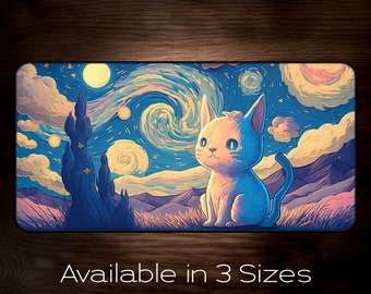Starry Night Cat Desk Mat Cat Lover Gift Cat Desk Mat Kitty Desk Mat Kawaii Cat Gift for Cat Mom Van Gogh Style Gaming Mouse pad