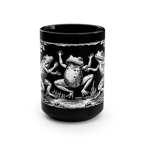 Dancing Frogs Block Print Style 15oz Mug Linocut Mug Nature Woodland Cotttagecore Bohemian Folk Art Gift for Her Coffee Mug Tea