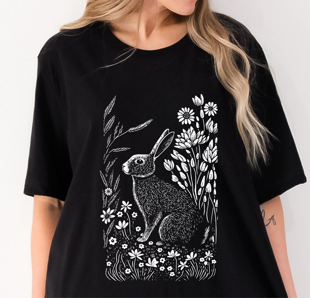 Floral Rabbit Block Print Style Shirt Linocut Shirt Nature Woodland ...