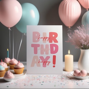 Cartão de aniversário para imprimir para criança, cartão de aniversário rosa, cartão de aniversário fofo para menina, cartão de felicitações de aniversário, cartão de aniversário, cartão de aniversário para menina