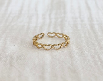 Adjustable Full Love heart ring in gold-tone stainless steel