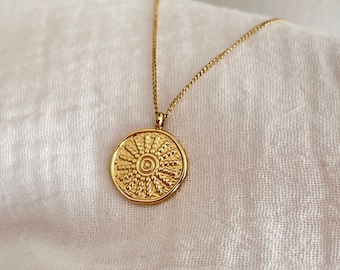 Sun medal necklace, irregular round, gold plated stainless steel 5 microns 14 K