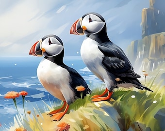Puffin Watercolour Printable, Digital download, Clip art, Wall art, Painting, Print, Poster, Picture, Décor