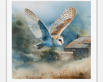 Impresión de acuarela de lechuza común en vuelo